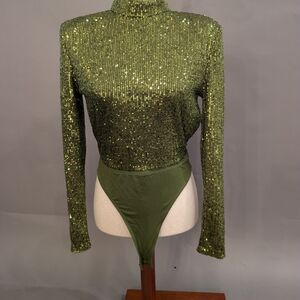 Green Sequin Mock Neck Bodysuit – New Year’s Eve Glam
